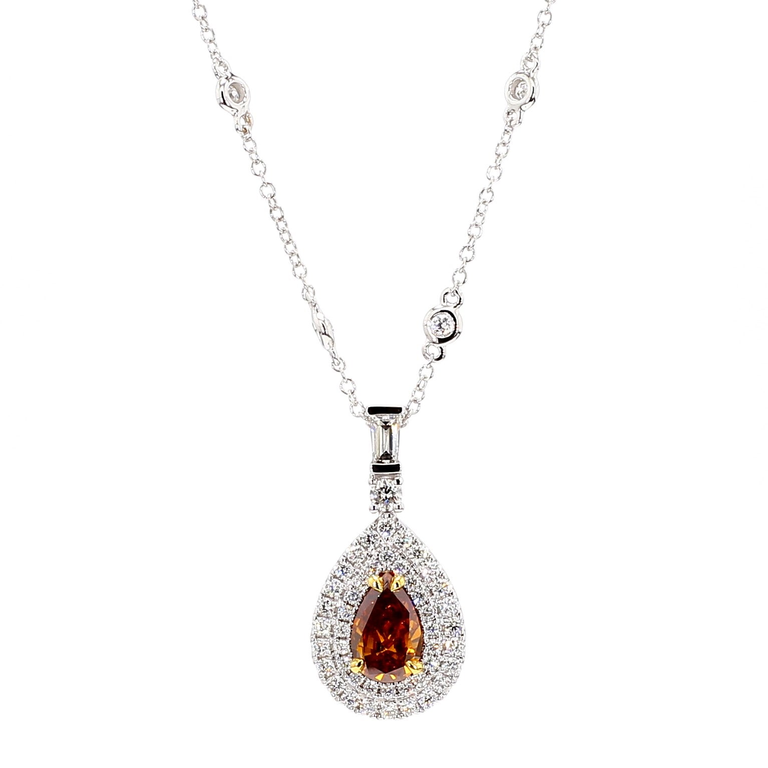 GIA Fancy Deep Brownish Yellowish Orange Pear Diamond 1.95 CTS Gold Necklace