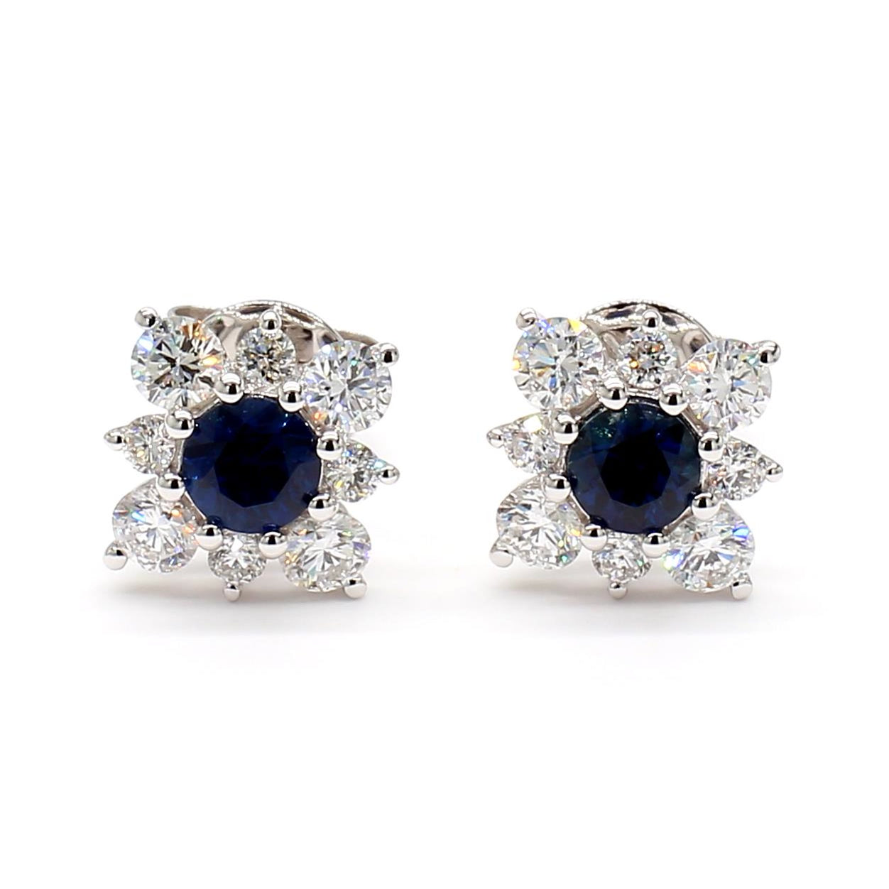 Natural Blue Round Sapphire and Diamond 1.49 Carat TW Gold Stud Earrings