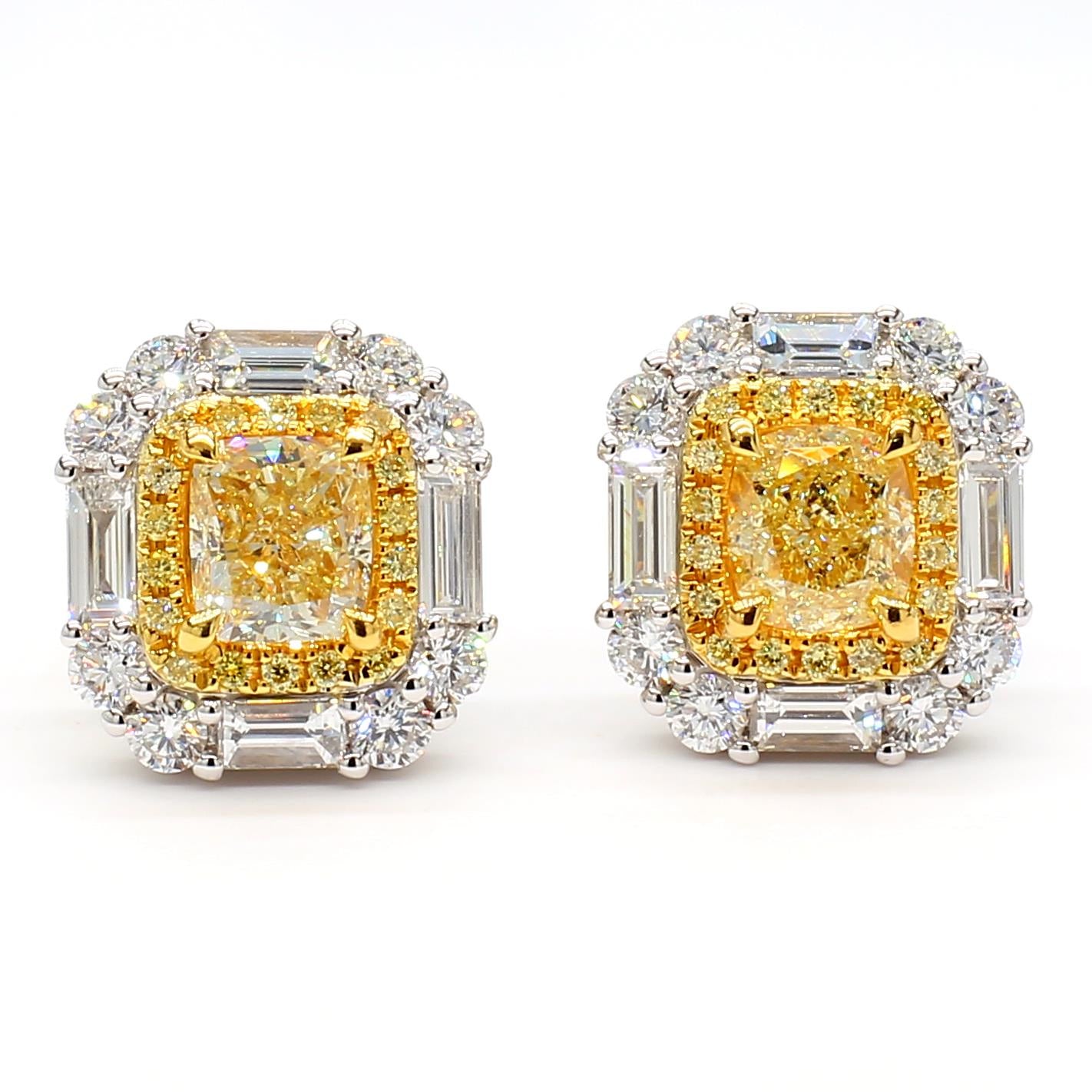 GIA Certified Natural Yellow Cushion Diamond 3.65 Carat TW Gold Stud Earrings