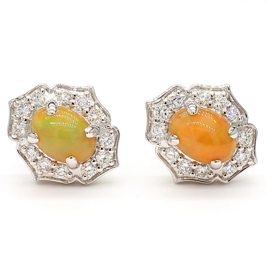 Natural Oval Opal and White Diamond 1.57 Carat TW White Gold Stud Earrings