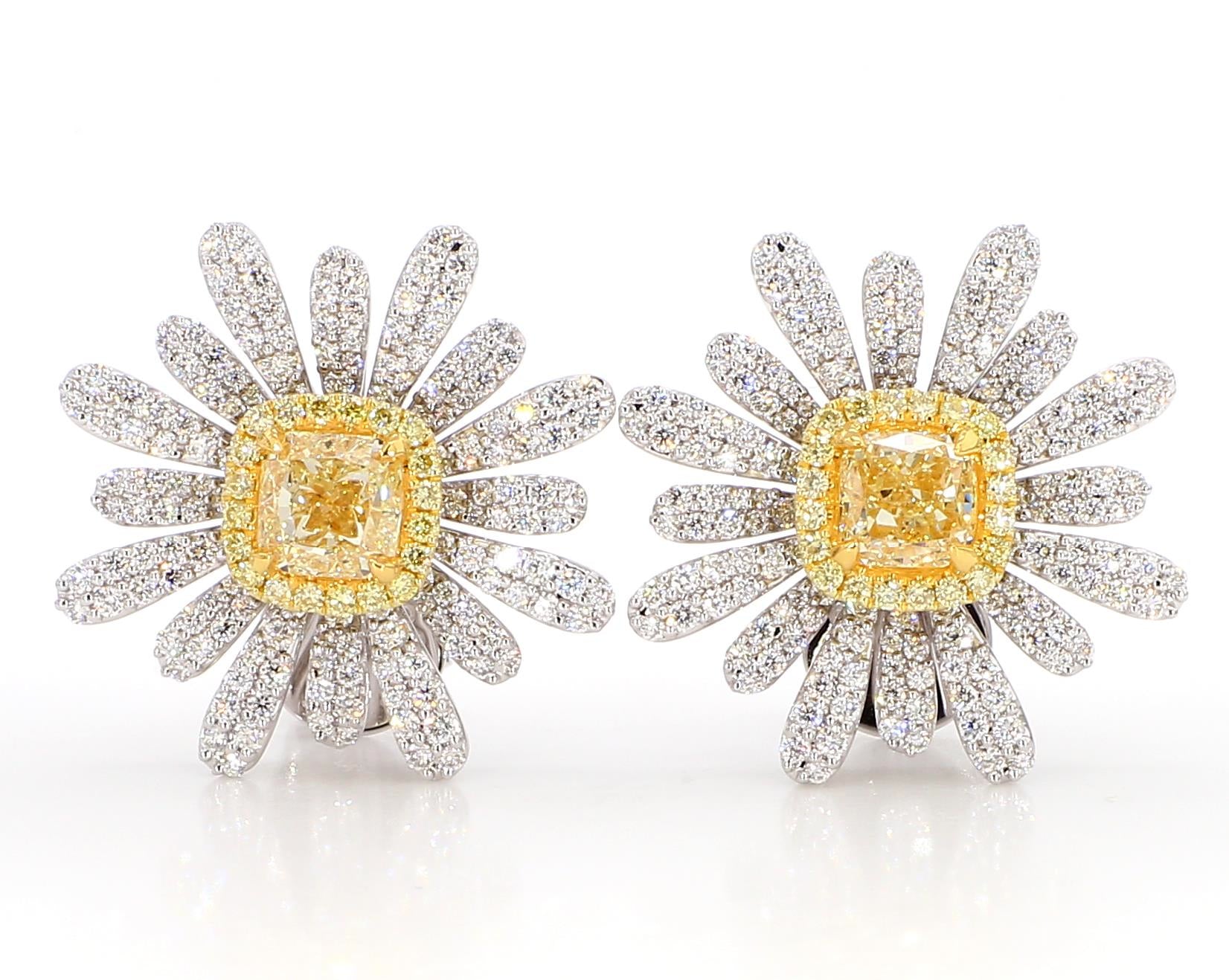 GIA Certified Natural Yellow Cushion Diamond 3.44 Carat TW Gold Stud Earrings