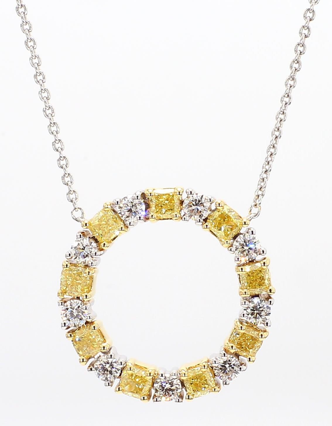 Natural Yellow Radiant and White Diamond 1.47 Carat TW Gold Circle Pendant