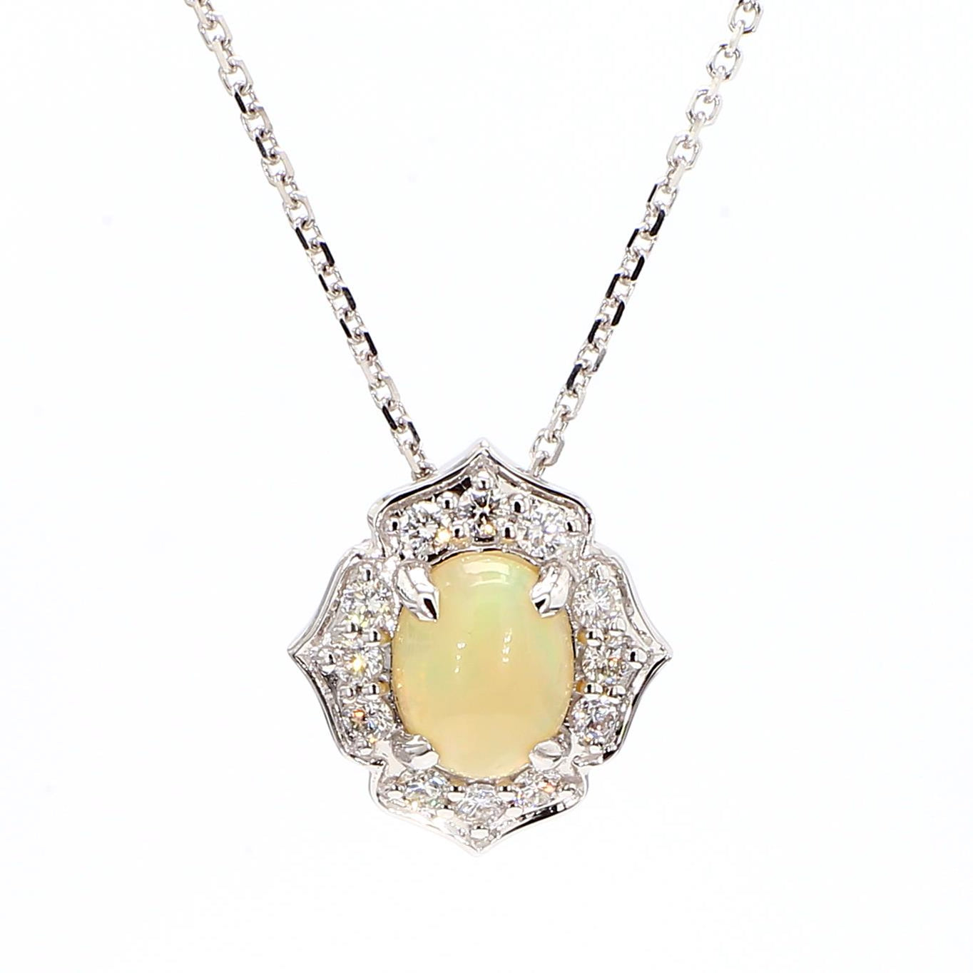 Natural Oval Opal and White Diamond 1.14 Carat TW Gold Drop Pendant