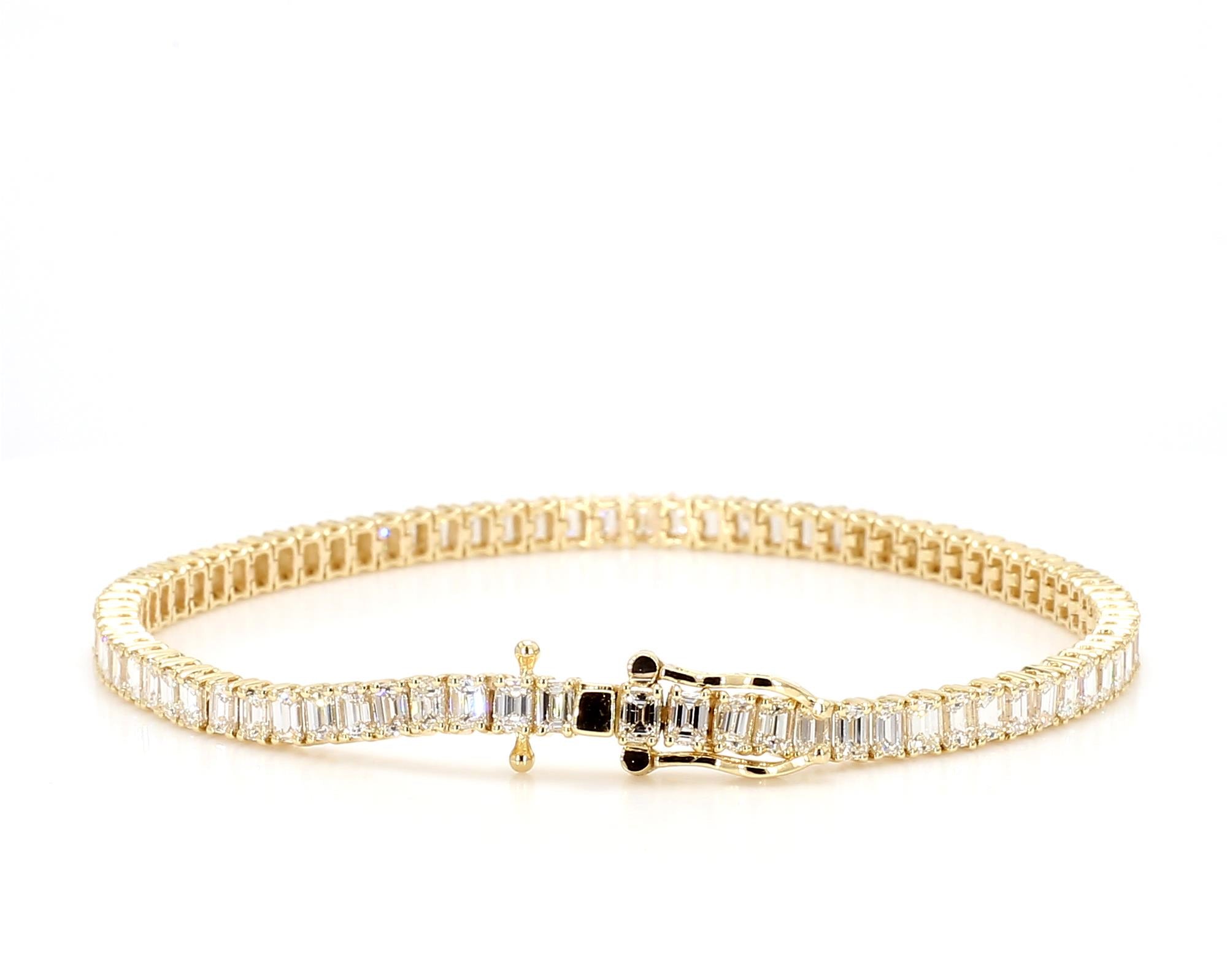 Natural White Emerald Diamond 6.48 Carat TW Yellow Gold Tennis Bracelet