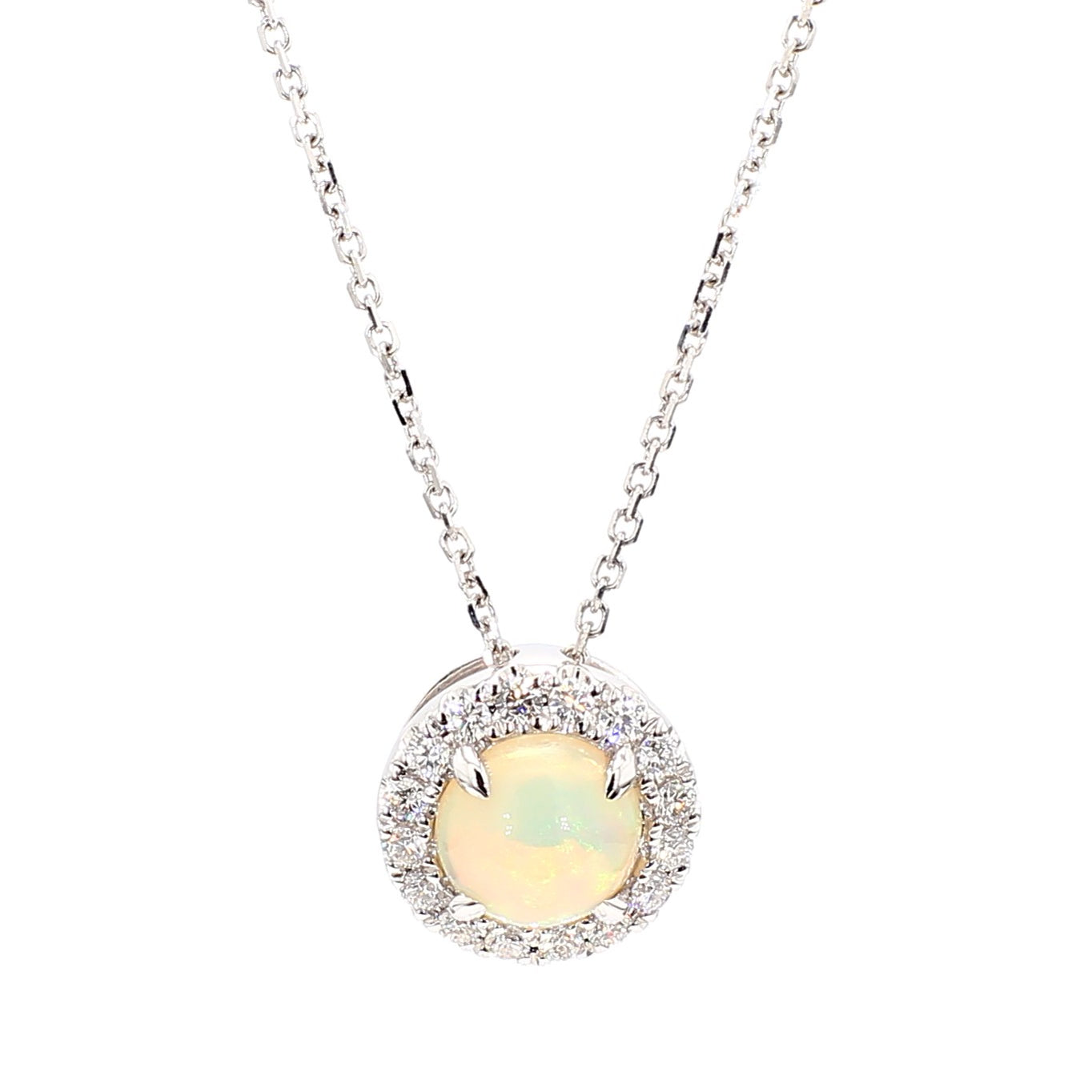 Natural Round Opal and White Diamond 1.16 Carat TW Gold Drop Pendant