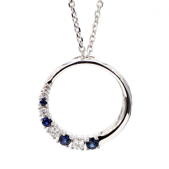 Natural Blue Round Sapphire and White Diamond 0.37 Carat TW White Gold Pendant