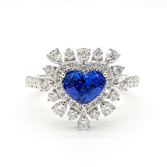 Natural Blue Heart Sapphire and White Diamond 2.36 Carat TW Gold Cocktail Ring