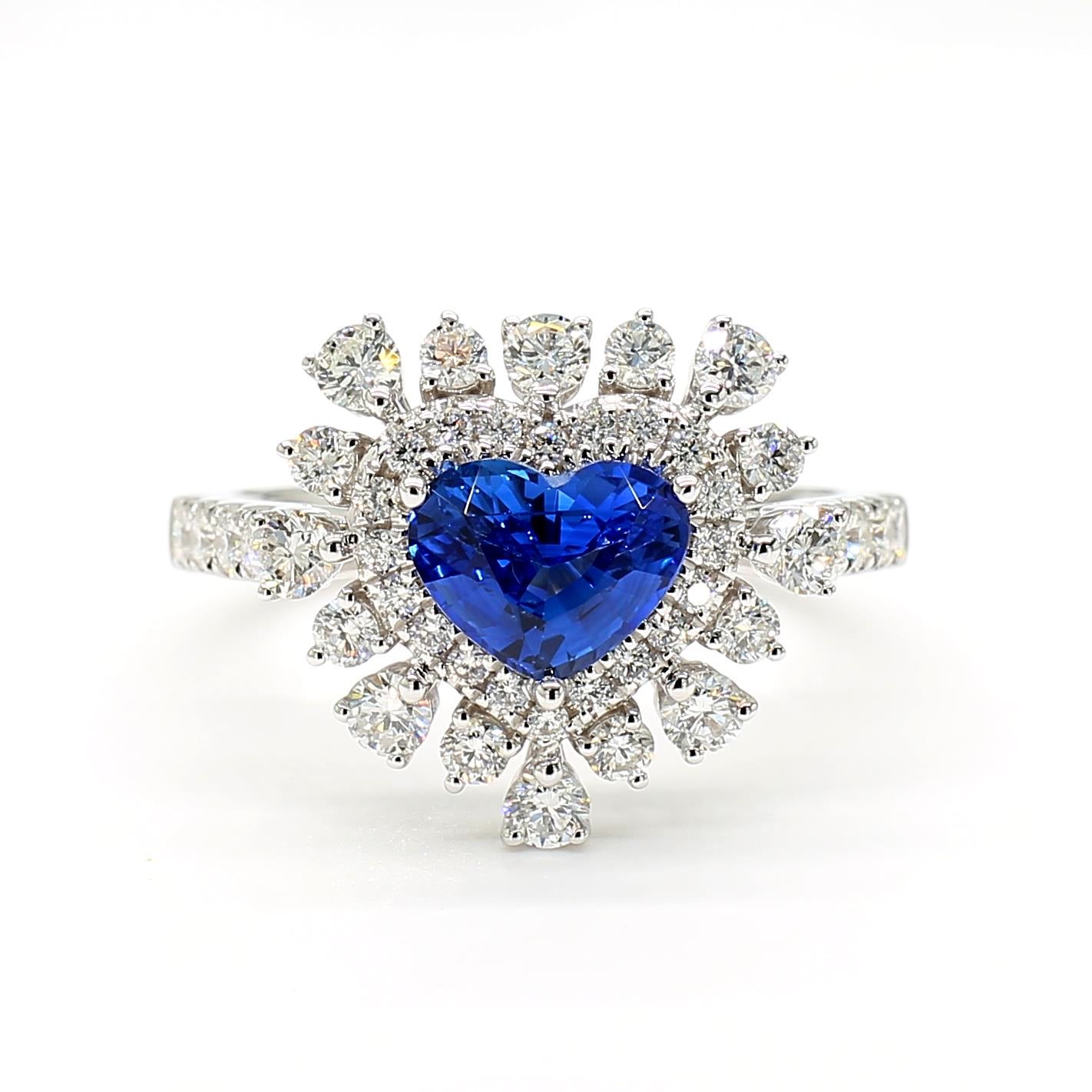 Natural Blue Heart Sapphire and White Diamond 2.36 Carat TW Gold Cocktail Ring