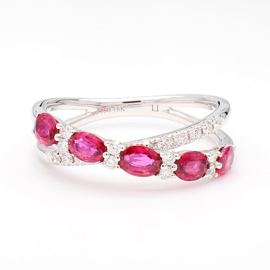 Natural Red Oval Ruby and White Diamond 1.61 Carat TW Gold Wedding Band