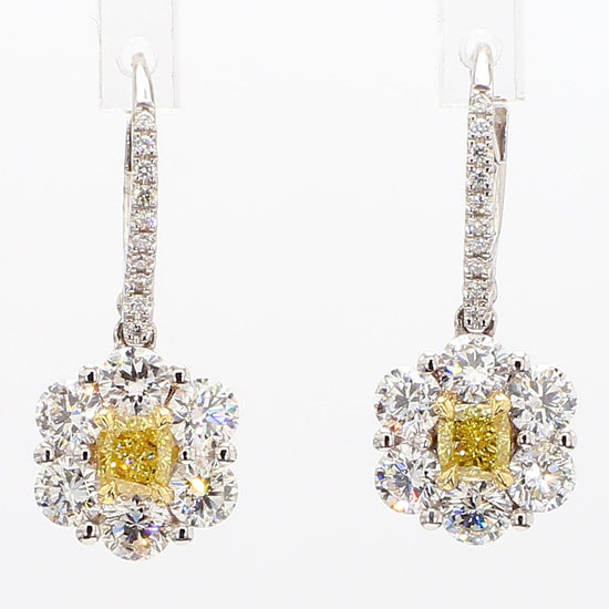 Natural Yellow Cushion Diamond 2.30 Carat TW Gold Drop Earrings