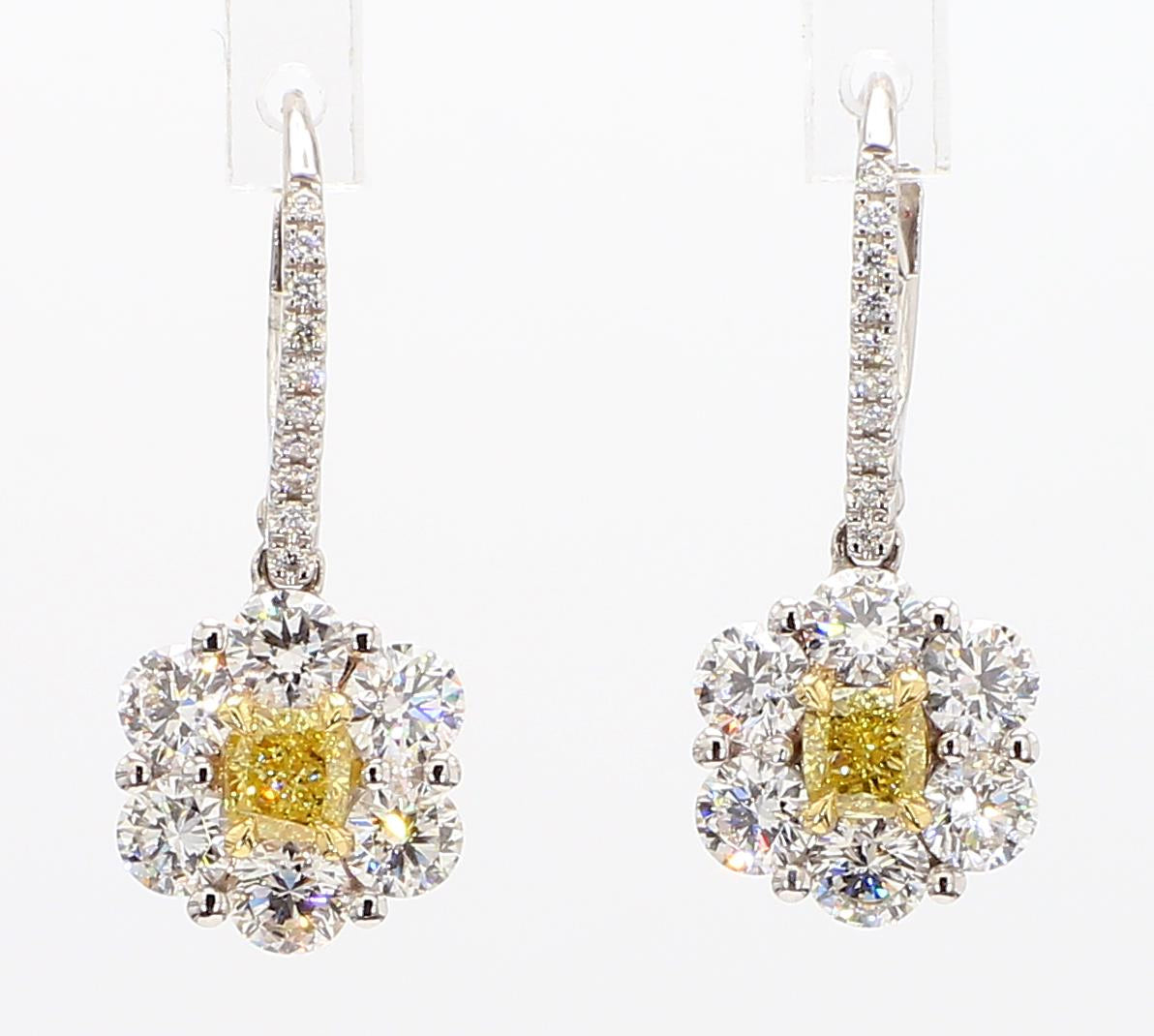 Natural Yellow Cushion Diamond 2.30 Carat TW Gold Drop Earrings