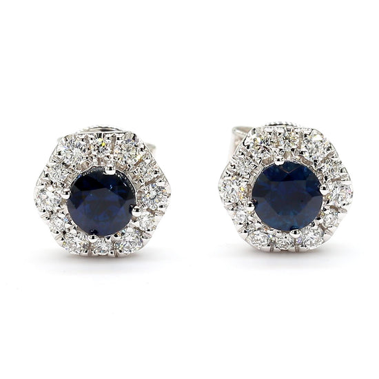 Natural Blue Round Sapphire and Diamond 0.97 Carat TW Gold Stud Earrings