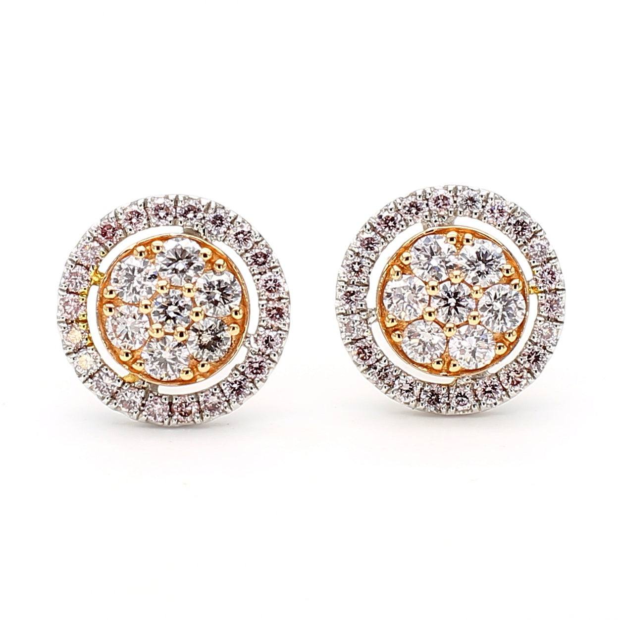 Natural Pink Round Diamond 0.69 Carat TW Gold Stud Earrings