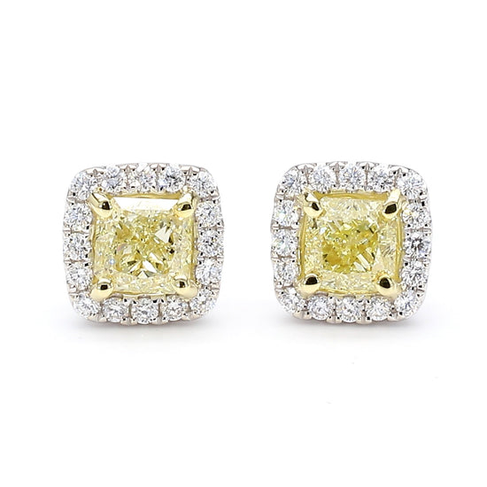GIA Certified Natural Light Yellow Radiant Diamond 1.79 Carat TW Gold Earrings