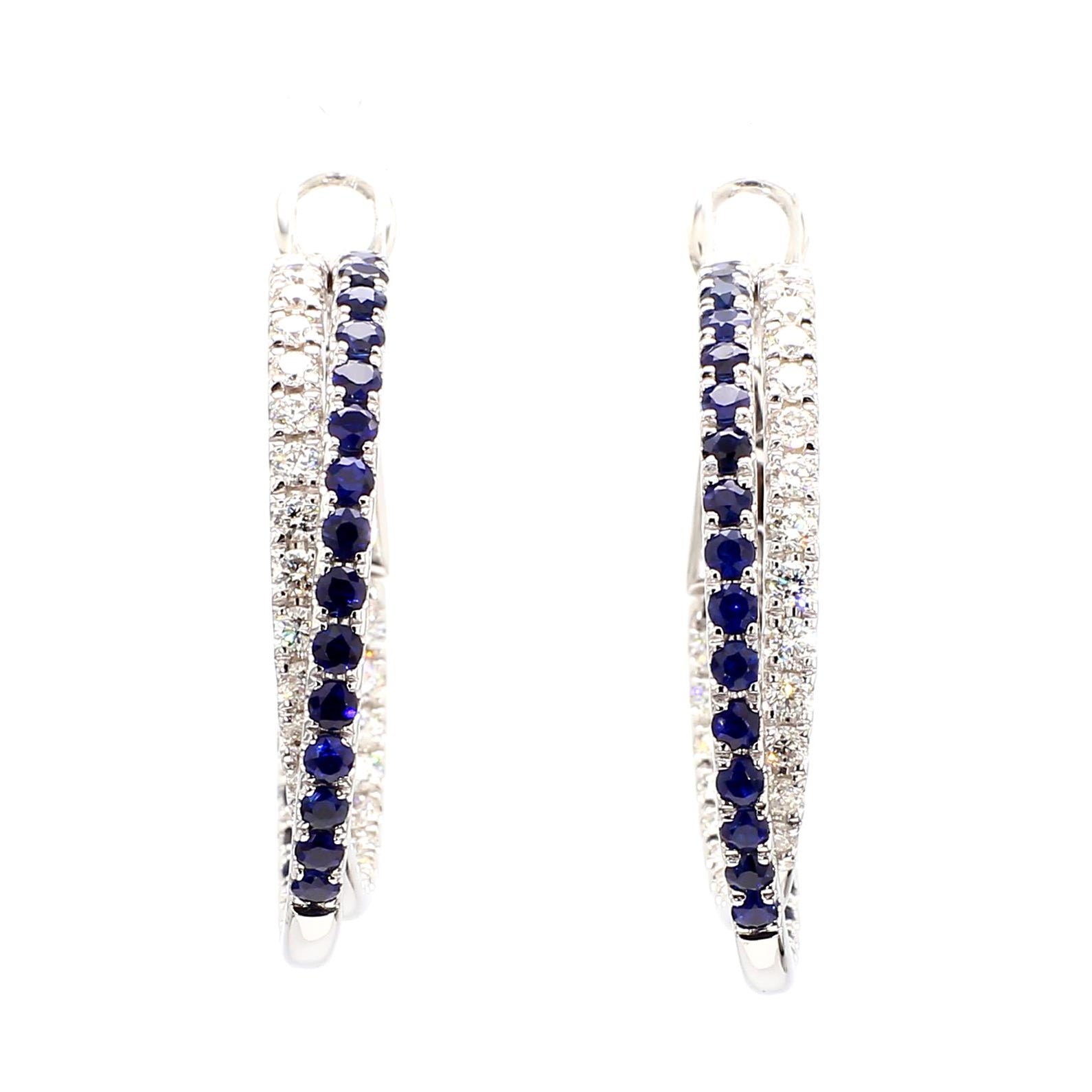 Natural Blue Round Sapphire and Diamond 3.09 Carat TW Gold Hoop Earrings