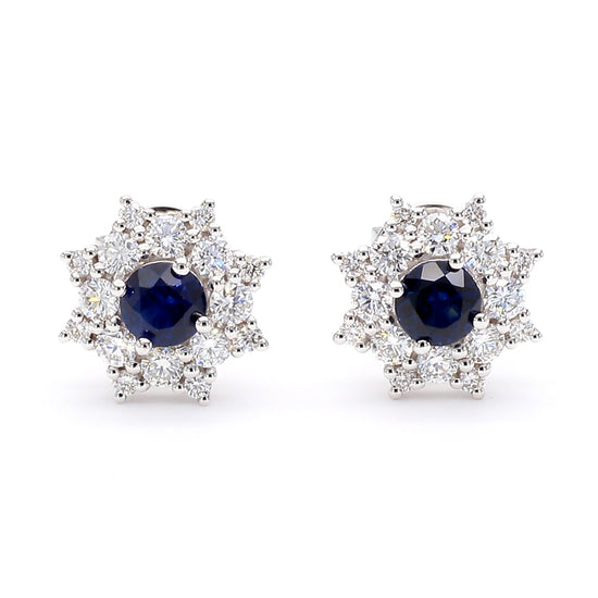 Natural Blue Round Sapphire and Diamond 1.26 Carat TW Gold Stud Earrings