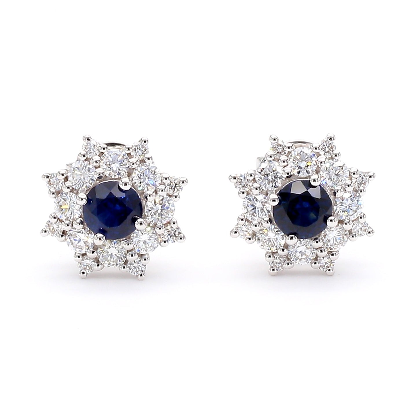 Natural Blue Round Sapphire and Diamond 1.26 Carat TW Gold Stud Earrings