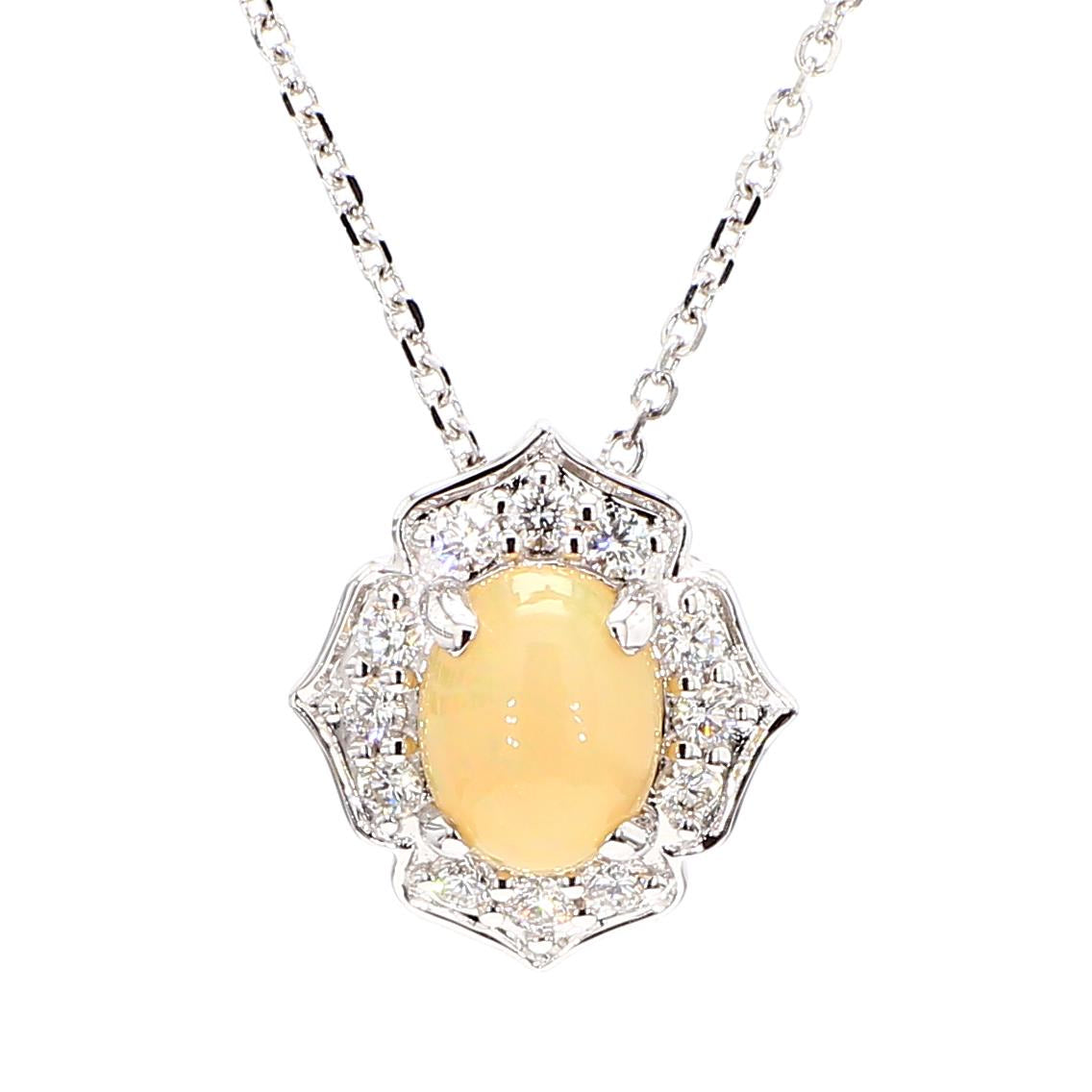 Natural Oval Opal and White Diamond 1.14 Carat TW Gold Drop Pendant