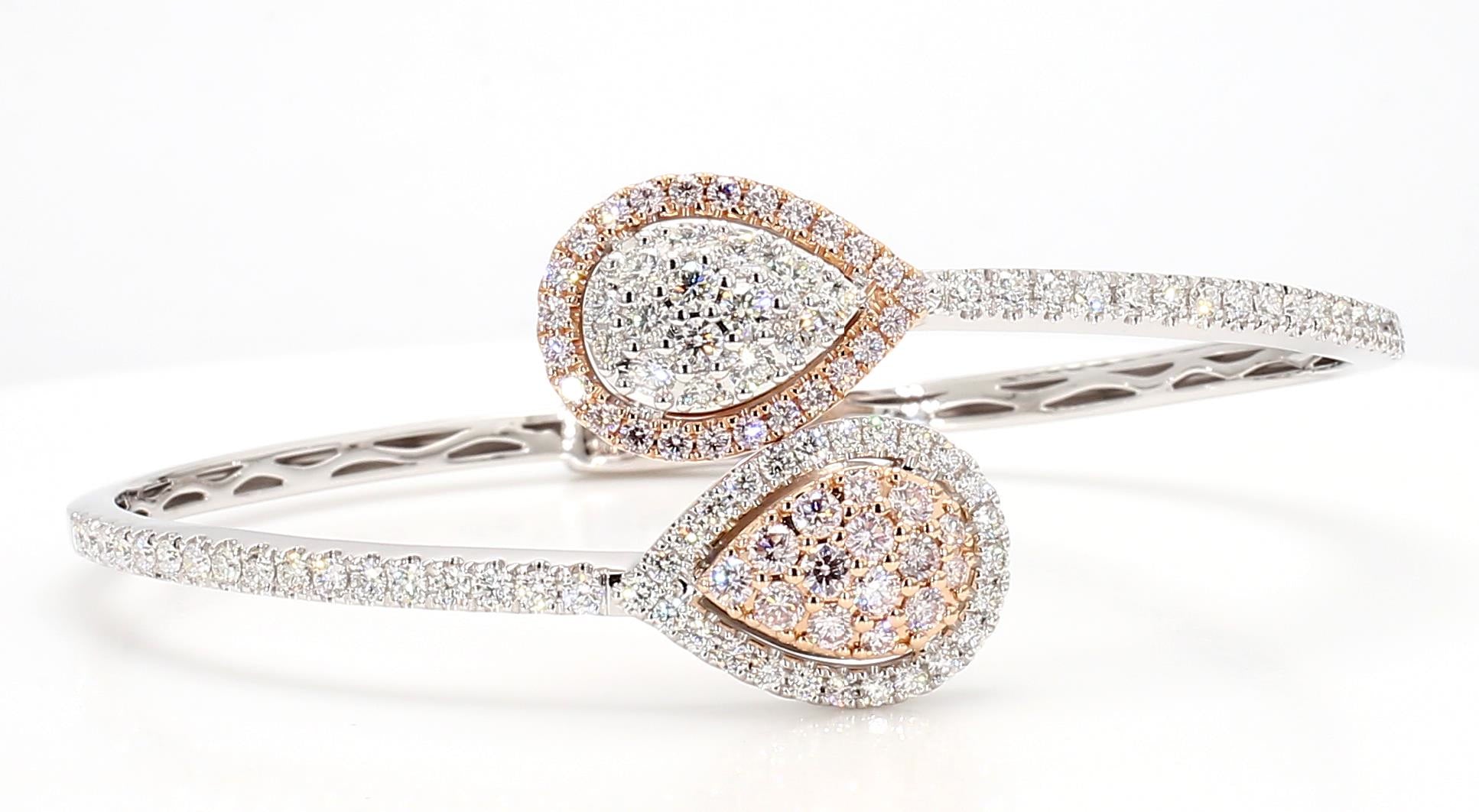 Natural Pink Round and White Diamond 2.65 Carat TW Gold Cuff Bracelet
