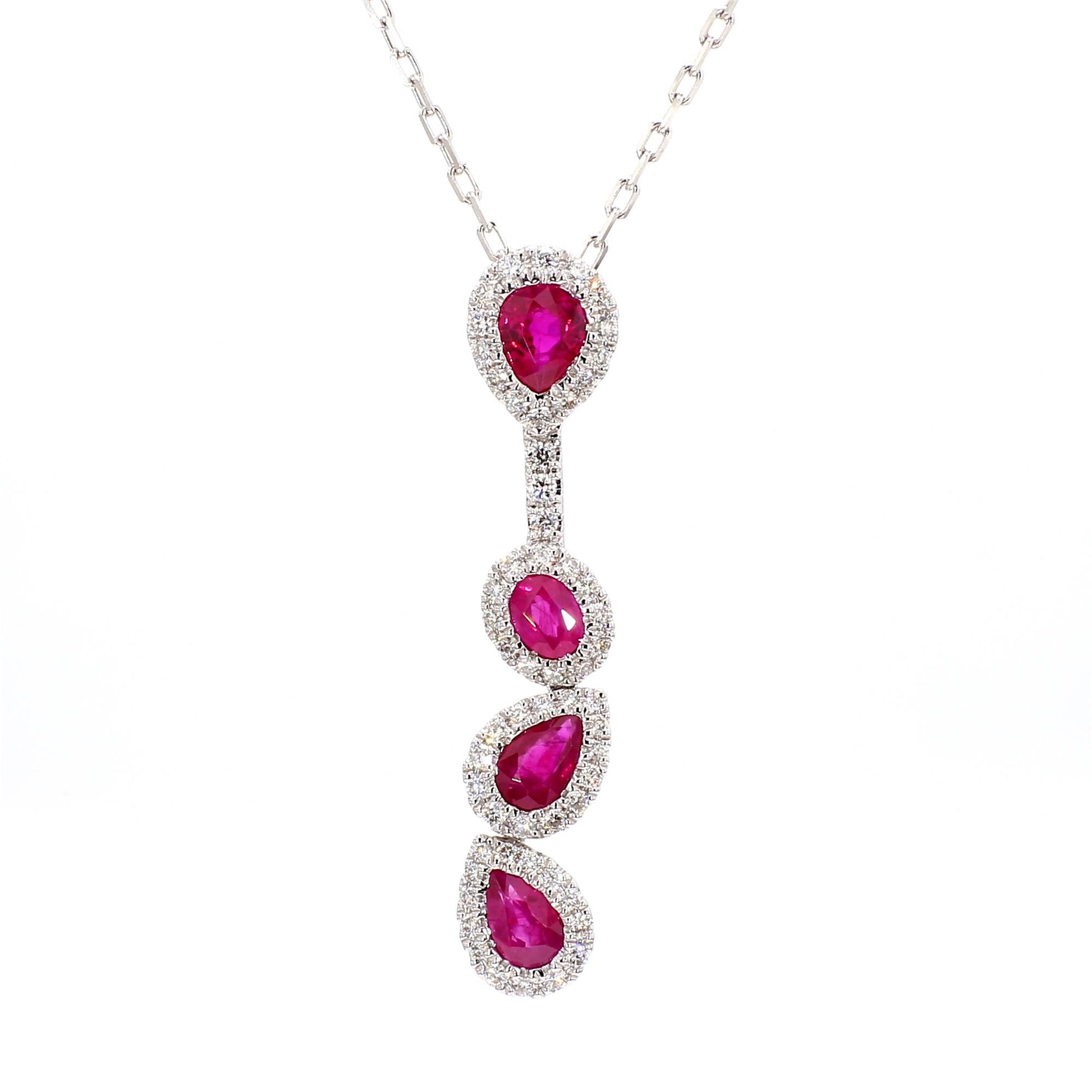 Natural Red Ruby and White Diamond 1.47 Carat TW Gold Drop Pendant