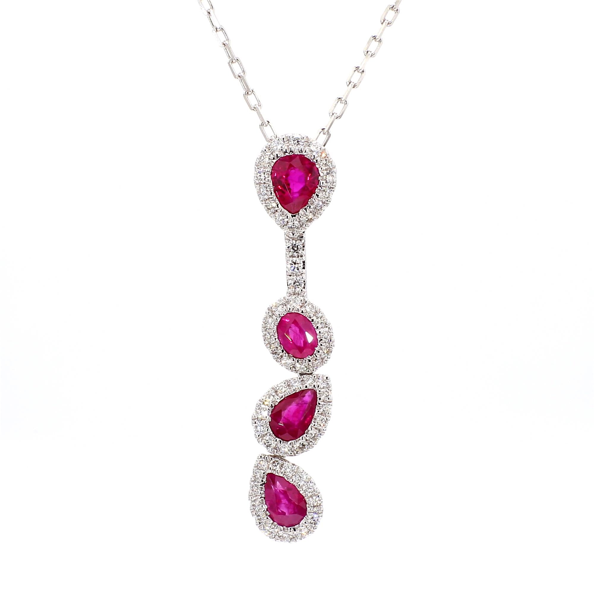 Natural Red Ruby and White Diamond 1.47 Carat TW Gold Drop Pendant