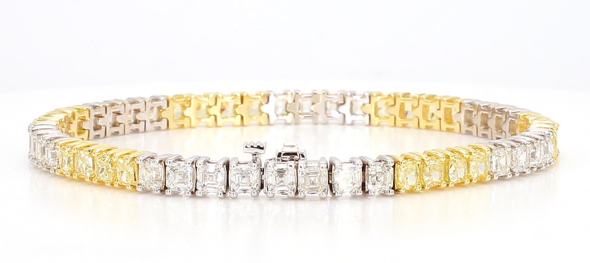 Natural Yellow Cushion and White Diamond 11.54 Carat TW Gold Tennis Bracelet