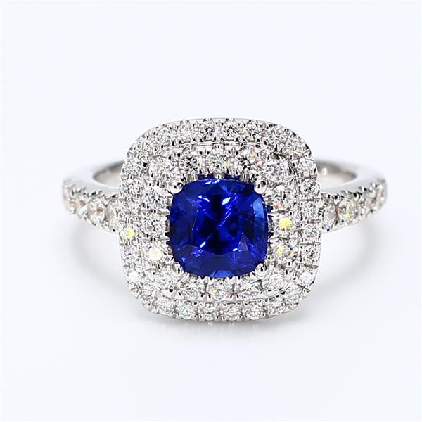 Natural Blue Cushion Sapphire and White Diamond 2.30 Carat TW Gold Cocktail Ring