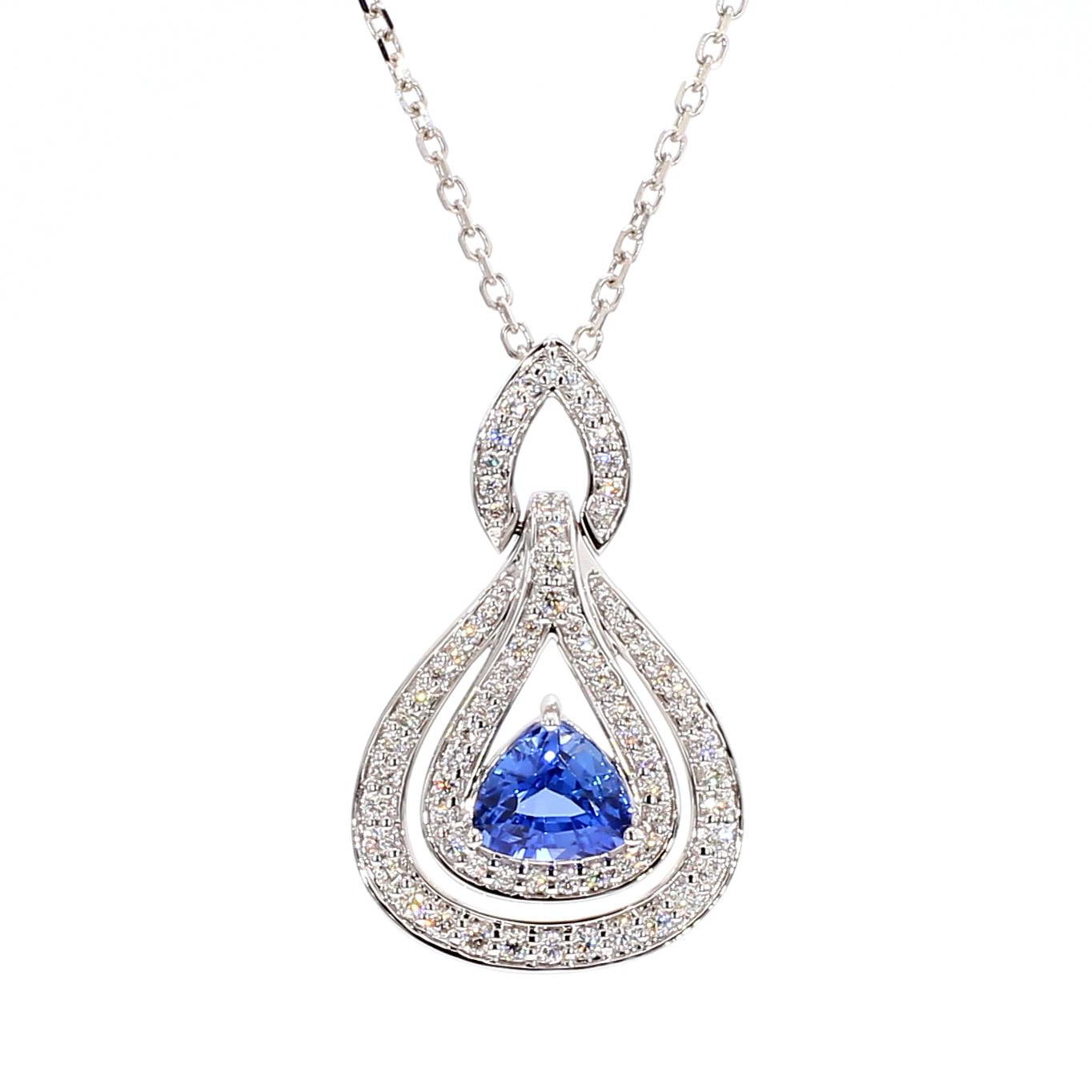 Natural Blue Trillion Sapphire and Diamond 1.84 Carat TW White Gold Drop Pendant