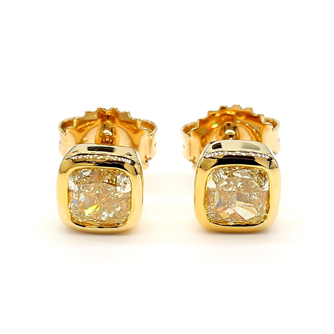 GIA Certified Natural Yellow Cushion Diamond 1.61 Carat TW Gold Stud Earrings