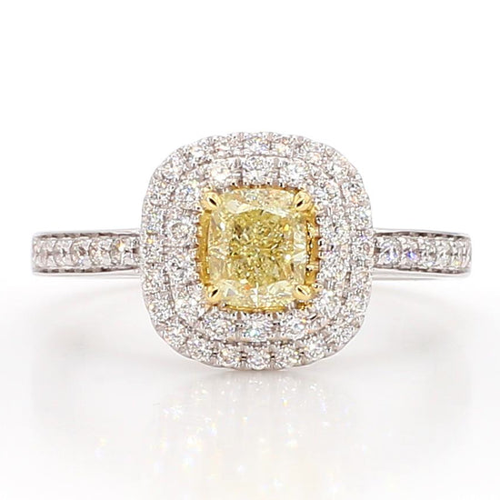 Natural Yellow Cushion and White Diamond 1.10 Carat TW Gold Cocktail Ring