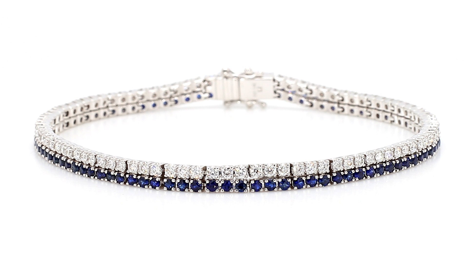 Natural Blue Round Sapphire and White Diamond 3.49 Carat TW Gold Tennis Bracelet