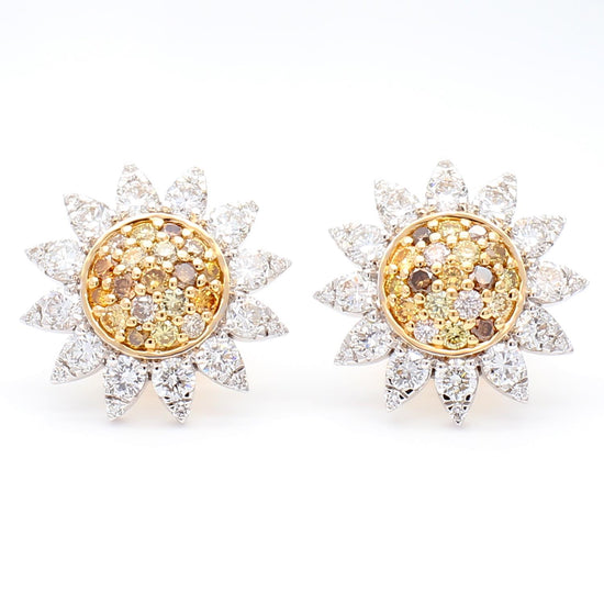 Natural Yellow Round and White Diamond 1.69 Carat TW Gold Stud Earrings