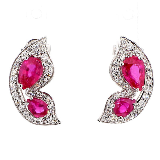 Natural Red Pear Ruby and White Diamond 1.65 Carat TW Gold Stud Earrings