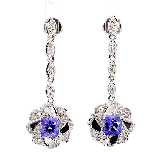 Natural Blue Cushion Tanzanite and White Diamond 1.63 Carat TW Gold Earrings