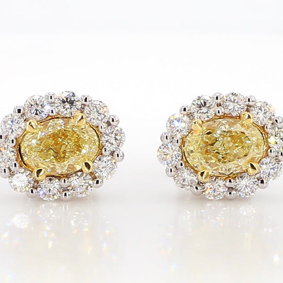 Natural Yellow Oval and White Diamond 2.09 Carat TW Gold Stud Earrings