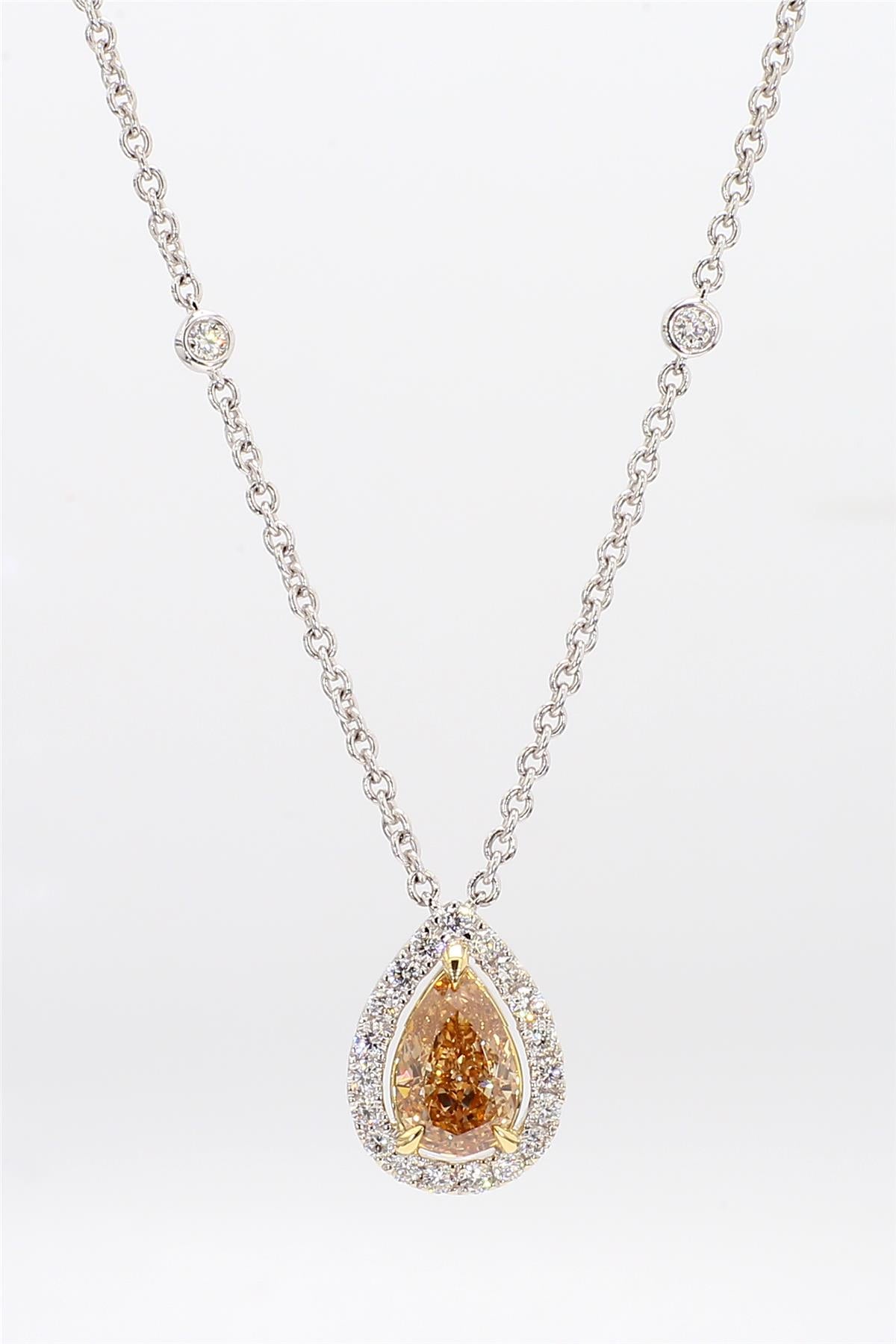 GIA Certified Natural Brown-Yellow Pear Diamond 1.43 Carat TW Gold Necklace