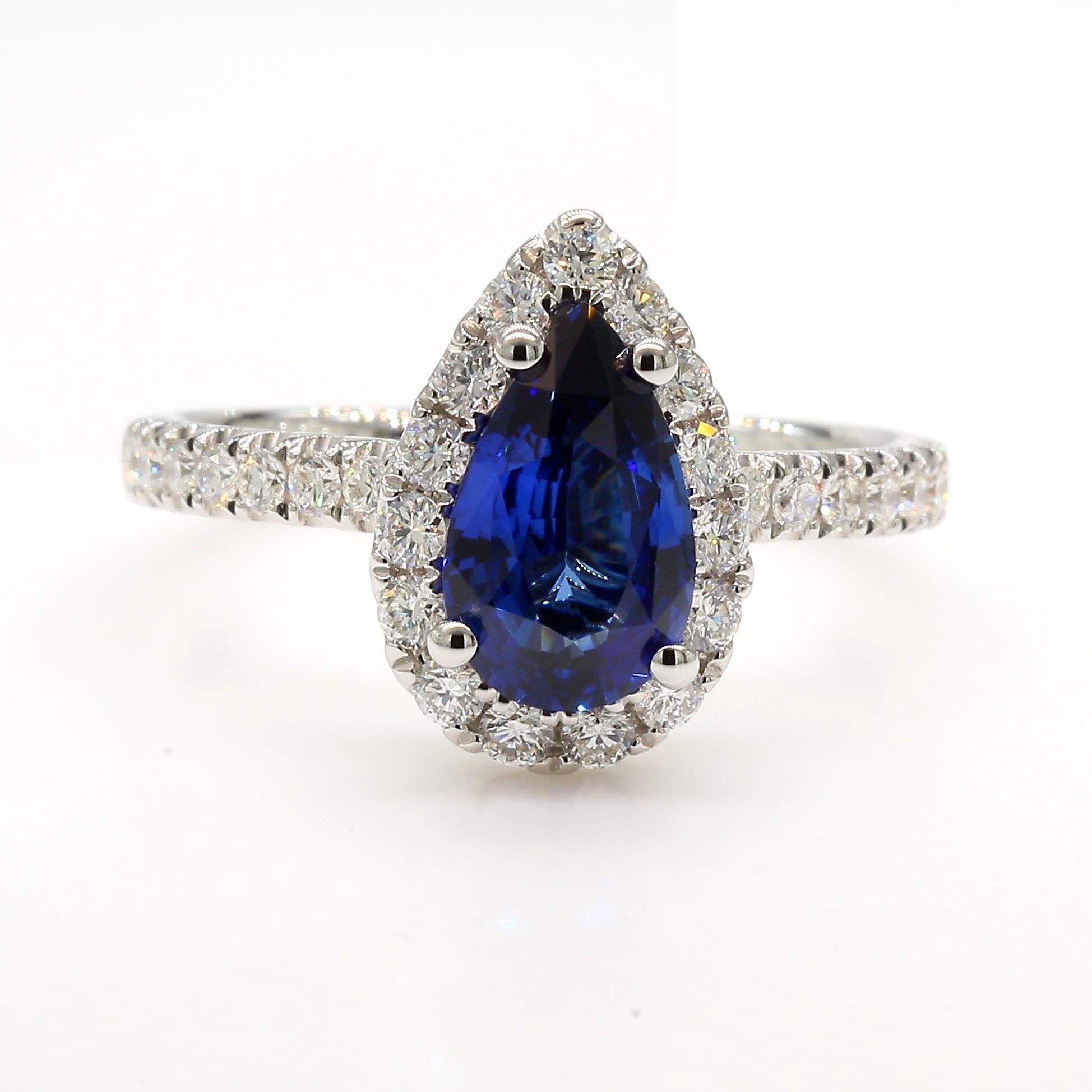 Natural Blue Pear Sapphire and White Diamond 2.01 Carat TW Gold Cocktail Ring