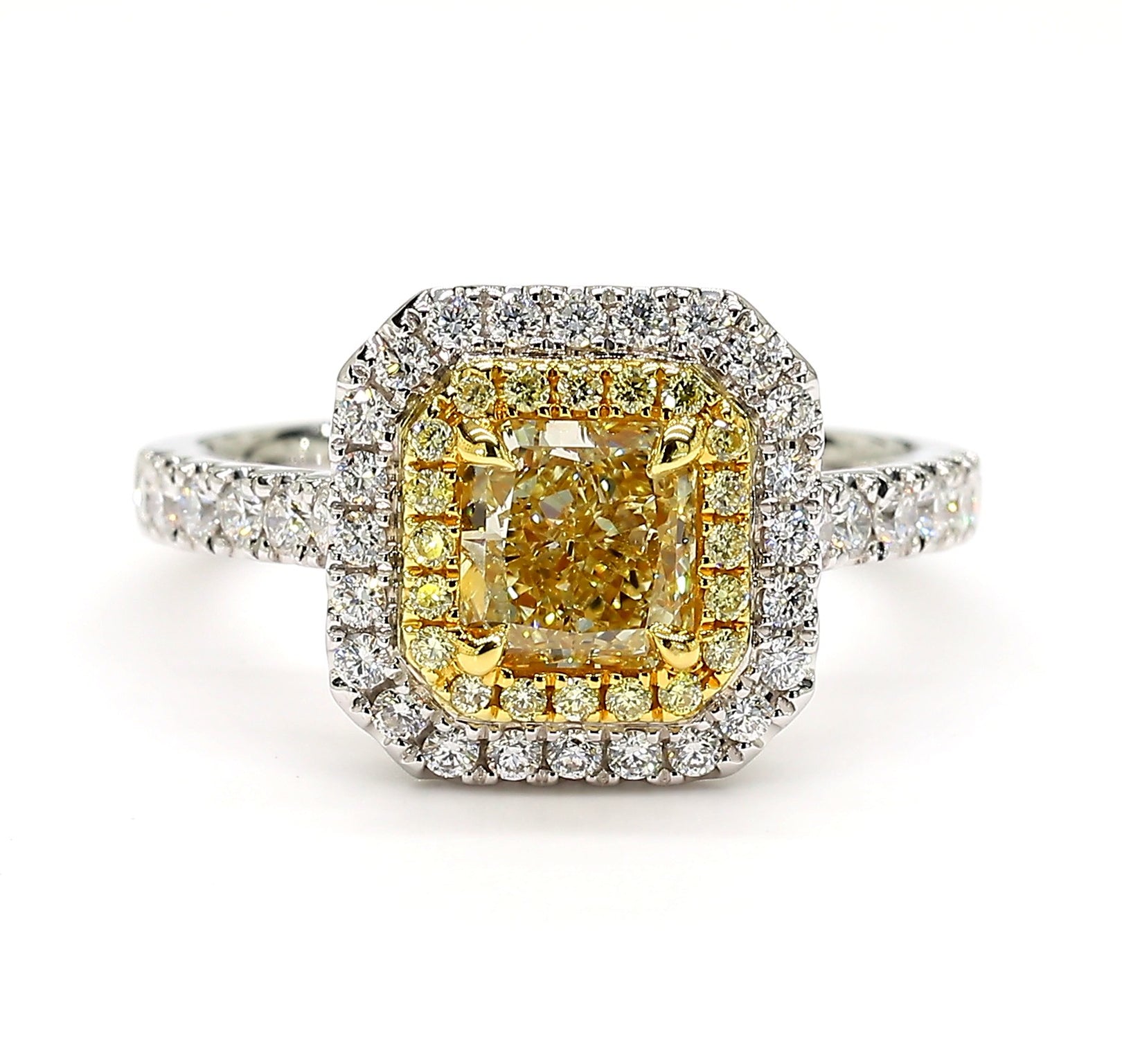 GIA Certified Natural Yellow Radiant Diamond 1.54 Carat TW Gold Cocktail Ring