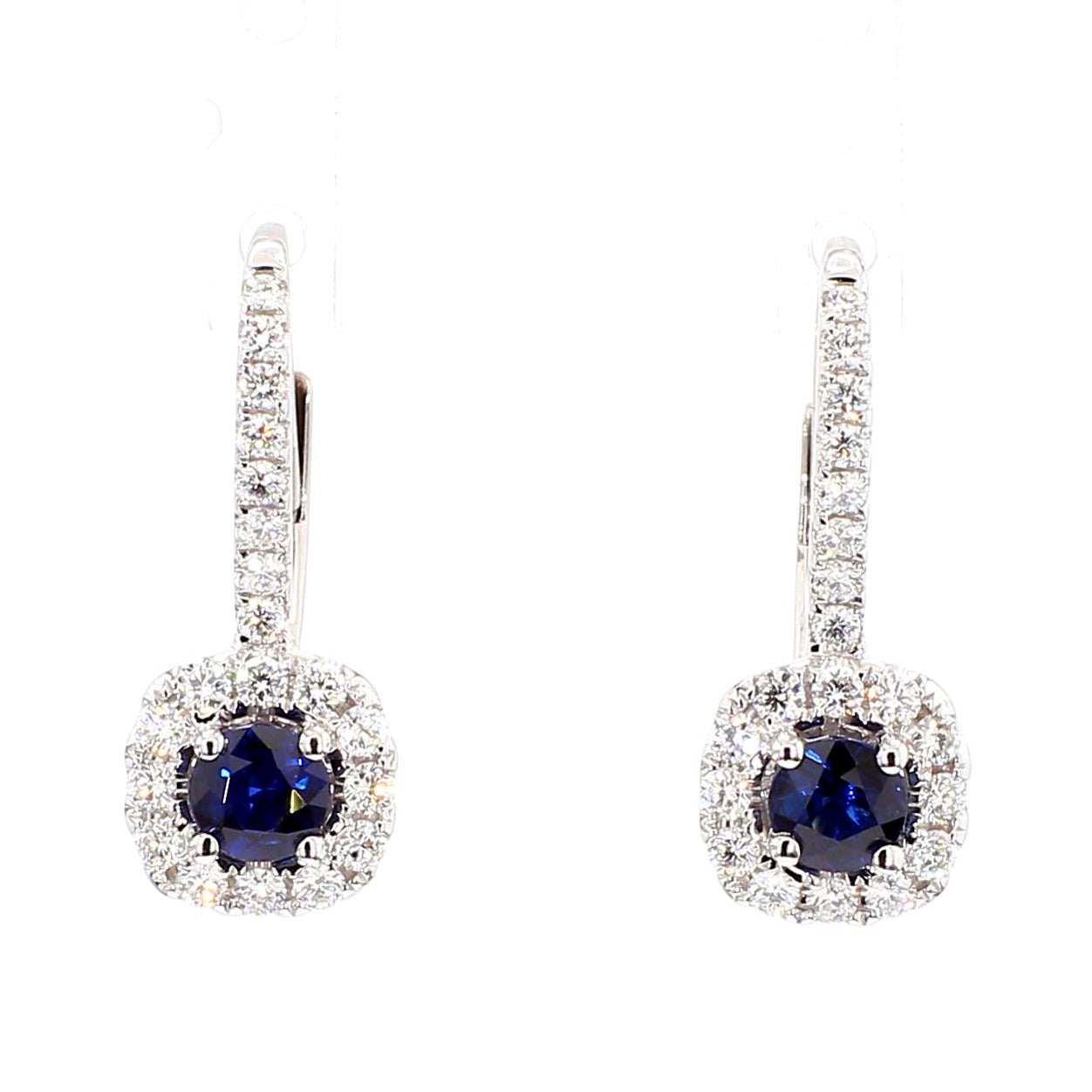 Natural Blue Round Sapphire and Diamond 1.05 Carat TW Gold Drop Earrings