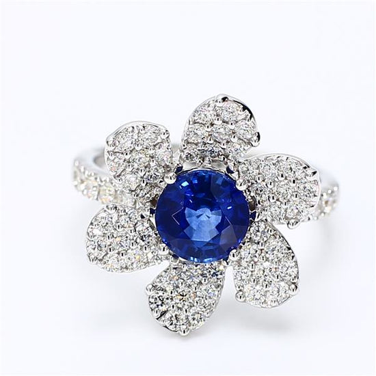 Natural Blue Round Sapphire and White Diamond 2.25 Carat TW Gold Cocktail Ring