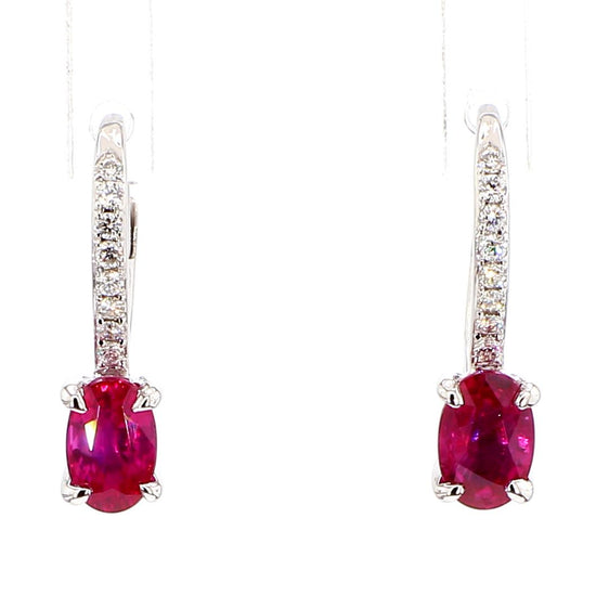 Natural Red Oval Ruby and White Diamond 1.24 Carat TW Gold Drop Earrings