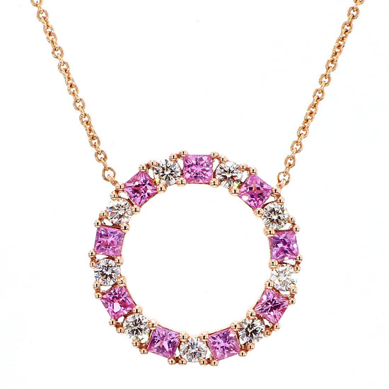 Natural Pink Princess Sapphire and White Diamond 1.60 Carat TW Gold Drop Pendant