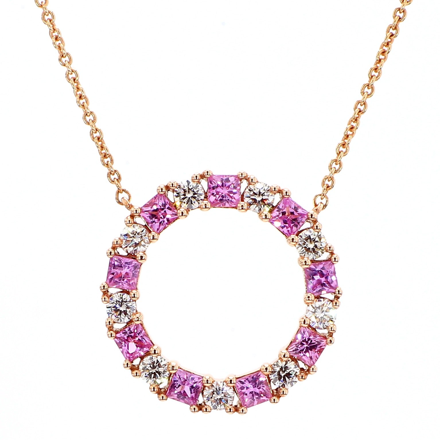 Natural Pink Princess Sapphire and White Diamond 1.60 Carat TW Gold Drop Pendant