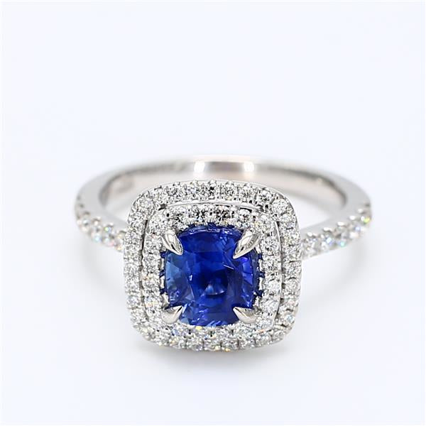 Natural Blue Cushion Sapphire and White Diamond 2.38 Carat TW White Gold Ring