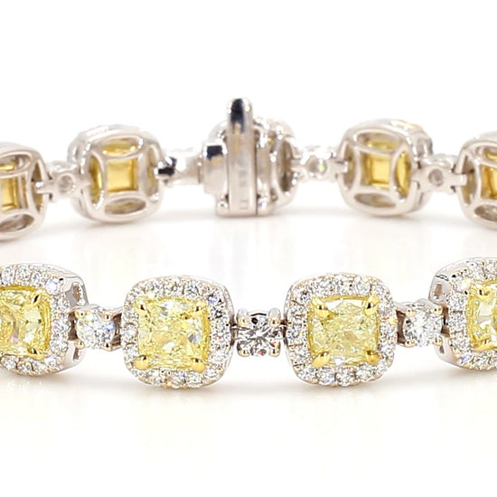 GIA Certified Natural Yellow Cushion Diamond 11.95 Carat TW Gold Tennis Bracelet