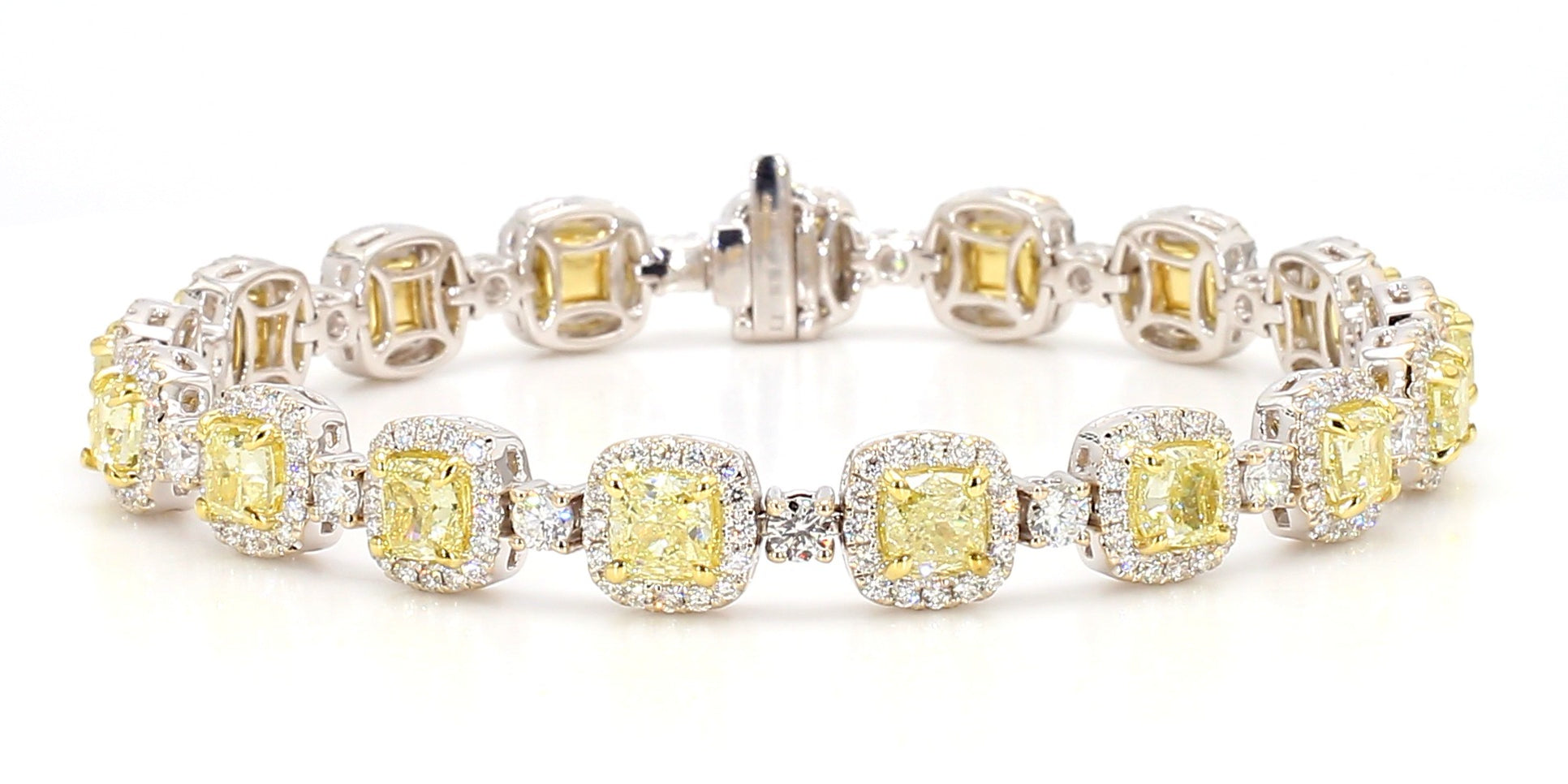 GIA Certified Natural Yellow Cushion Diamond 11.95 Carat TW Gold Tennis Bracelet