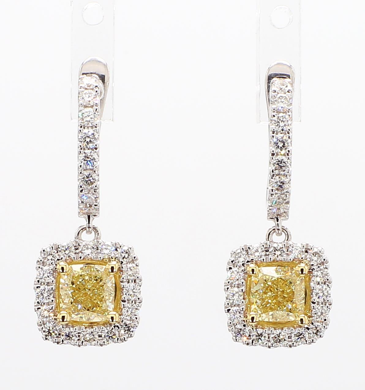 Natural Yellow Cushion Diamond 2.16 Carat TW Gold Drop Earrings