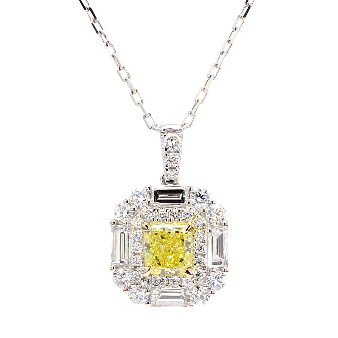 GIA Certified Intense Yellow Radiant Diamond 2.08 Carat TW Gold Drop Pendant