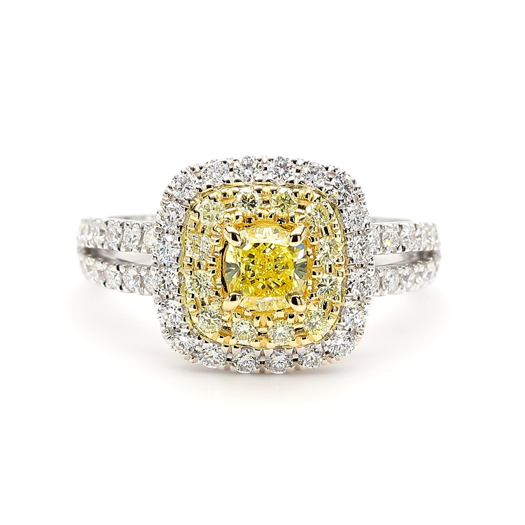 GIA Certified Intense Yellow Cushion Diamond 1.17 Carat TW Gold Cocktail Ring