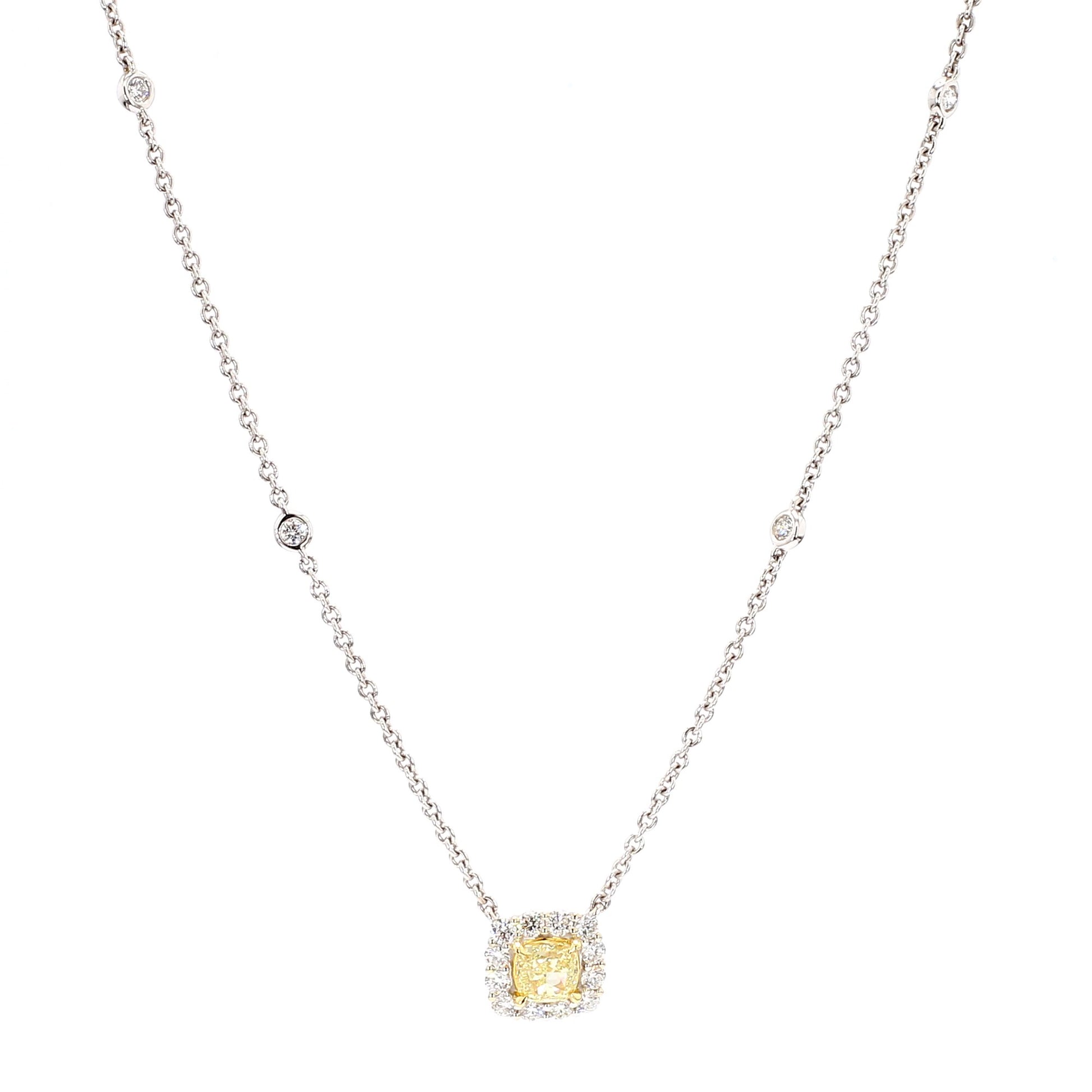 Natural Yellow Cushion Diamond 1.08 Carat TW Gold Necklace